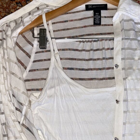 INC Shadow Stripe White Rhinestone Buttons Top w/ Spaghetti Shirt Underneath P/S - Picture 9 of 9